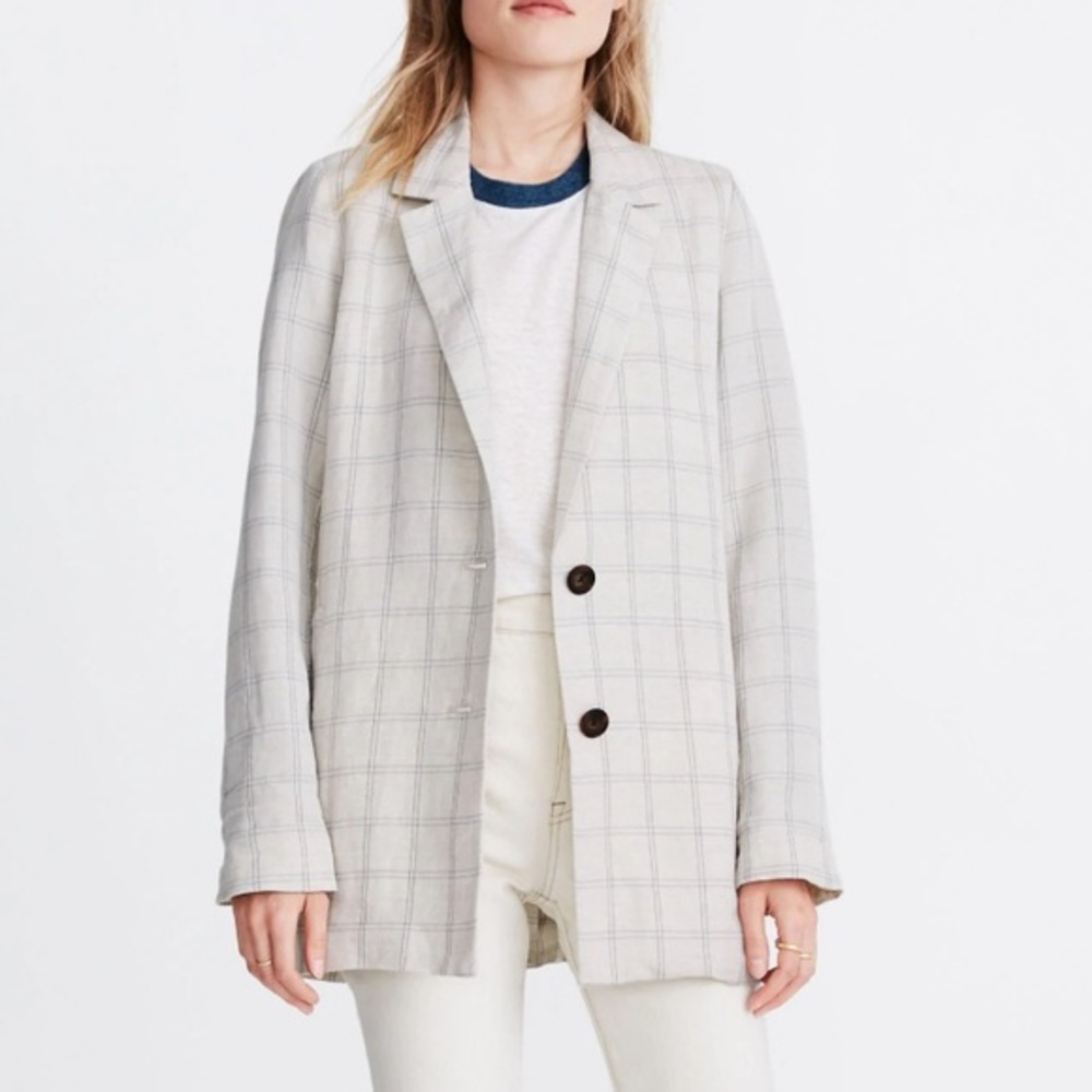 Madewell Linen Dorset Blazer in Windowpane Cream Size Medium , boxy long cut